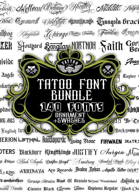 Mega Tattoo Font Bundle — 140 TTF OTF Fonts for Cricut