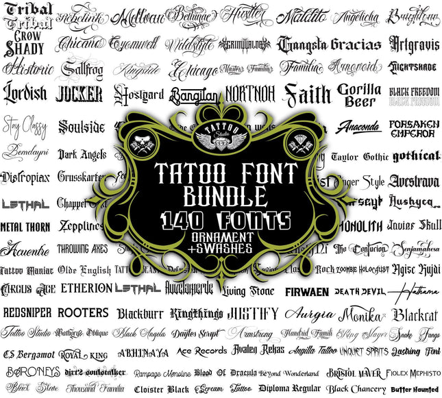 Mega Tattoo Font Bundle — 140 TTF OTF Fonts for Cricut