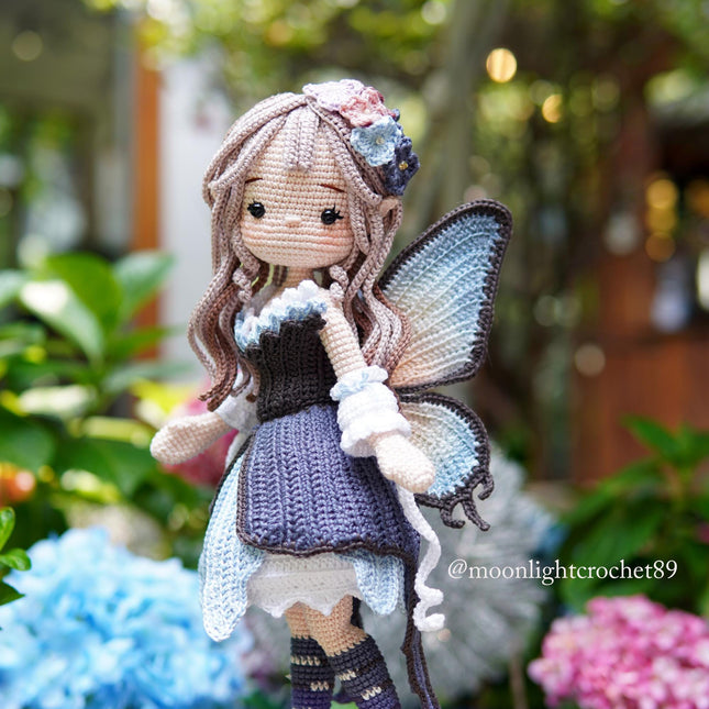 Crochet Doll Pattern, Lunaria the Butterfly Fairy, Amigurumi Doll Pattern, PDF in English, French, German, Spanish, Portuguese.