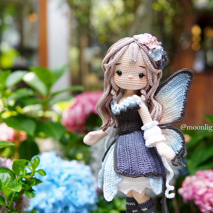Crochet Doll Pattern, Lunaria the Butterfly Fairy, Amigurumi Doll Pattern, PDF in English, French, German, Spanish, Portuguese.