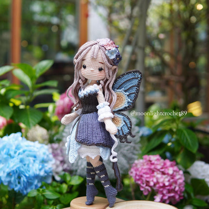 Crochet Doll Pattern, Lunaria the Butterfly Fairy, Amigurumi Doll Pattern, PDF in English, French, German, Spanish, Portuguese.