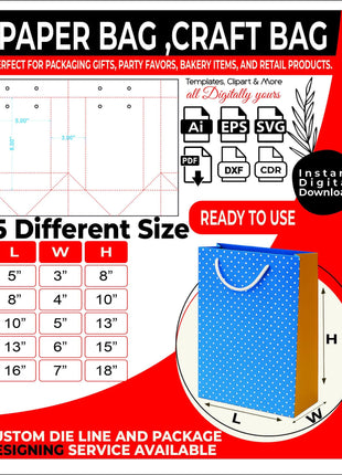 5 Paper Bag Dieline Bundle SVG Templates for Kraft Bags