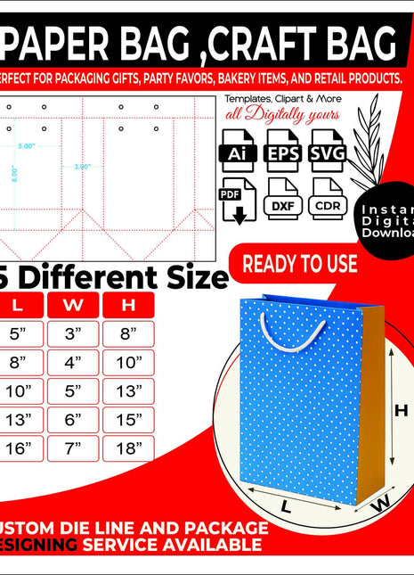 5 Paper Bag Dieline Bundle SVG Templates for Kraft Bags