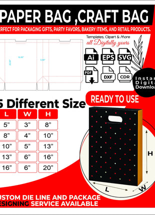 Paper Bag Dieline Bundle 5 Sizes Kraft Bag Template Pack