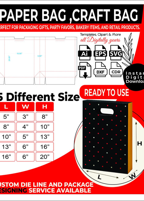 Paper Bag Dieline Bundle 5 Sizes Kraft Bag Template Pack