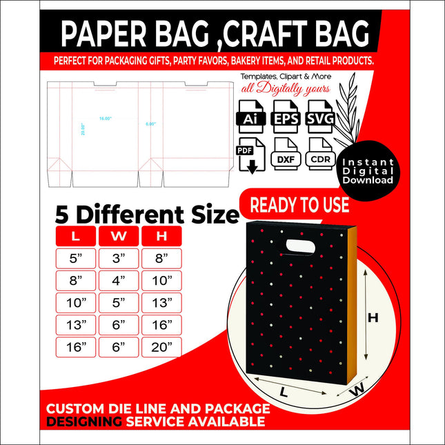 Paper Bag Dieline Bundle 5 Sizes Kraft Bag Template Pack