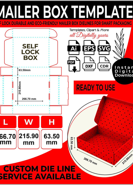 Mailer Box Dieline Template SVG PDF AI EPS Self-Lock Kraft