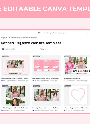 Refined Elegance Pink Shopify Theme: Feminine, Minimal, Cute, Editable Canva