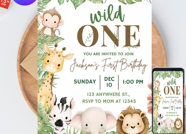 Safari Wild One First Birthday Evite Editable Jungle Invitation
