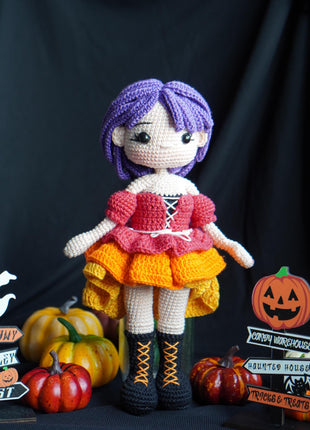 Crochet MORGANA doll pattern, Halloween doll pattern, crochet doll patterns, PDF file in English, French, German, Spanish, Portuguese