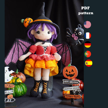 Crochet MORGANA doll pattern, Halloween doll pattern, crochet doll patterns, PDF file in English, French, German, Spanish, Portuguese