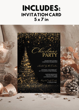 Gold Black Christmas Party Invitation Canva Template Editable 5x7 Card