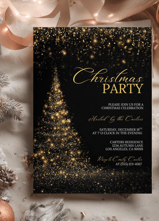 Gold Black Christmas Party Invitation Canva Template Editable 5x7 Card
