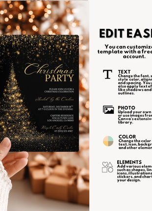 Gold Black Christmas Party Invitation Canva Template Editable 5x7 Card