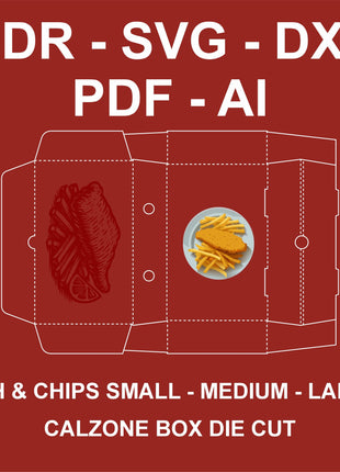 Fish & Chips Calzone Die-Cut Box Template Set SVG AI