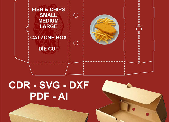 Fish & Chips Calzone Die-Cut Box Template Set SVG AI