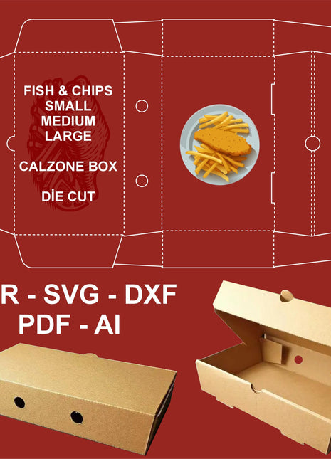 Fish & Chips Calzone Die-Cut Box Template Set SVG AI