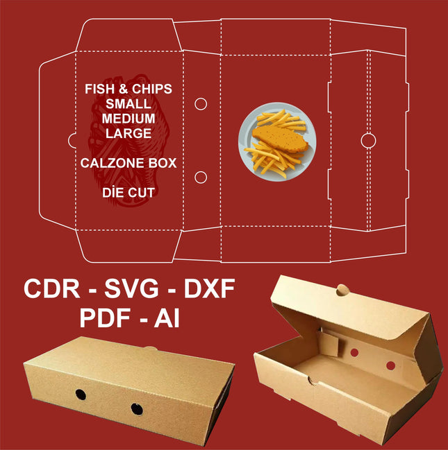 Fish & Chips Calzone Die-Cut Box Template Set SVG AI