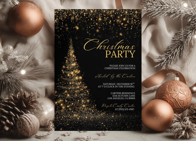 Gold Black Christmas Party Invitation Canva Template Editable 5x7 Card