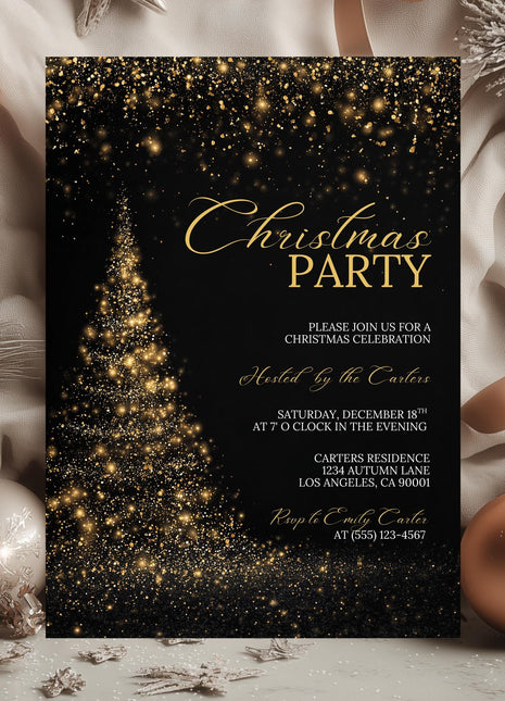 Gold Black Christmas Party Invitation Canva Template Editable 5x7 Card