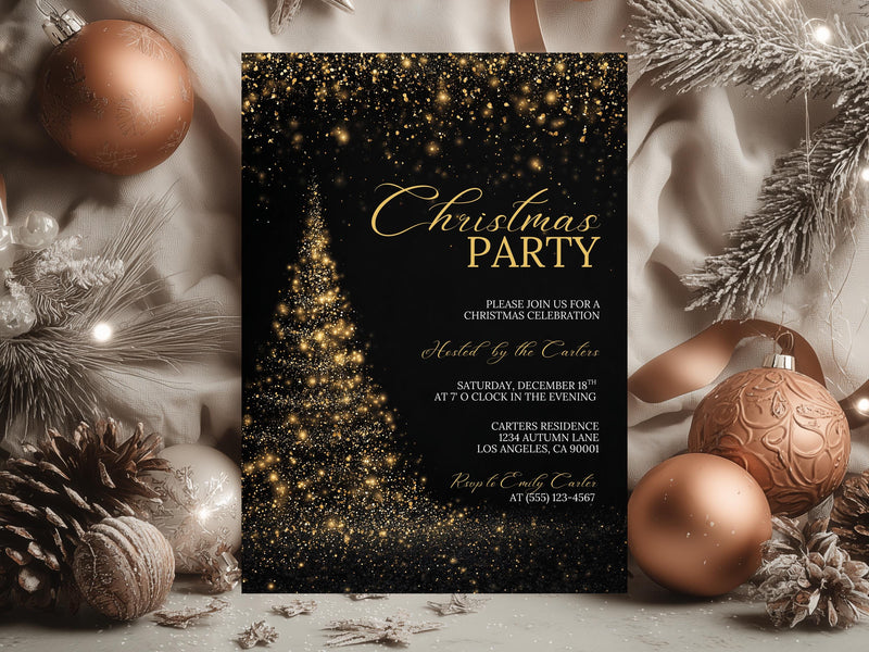 Gold Black Christmas Party Invitation Canva Template Editable 5x7 Card