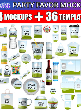 50x Canva Party Favor Mockup Bundle for Chocolate Juice Labels