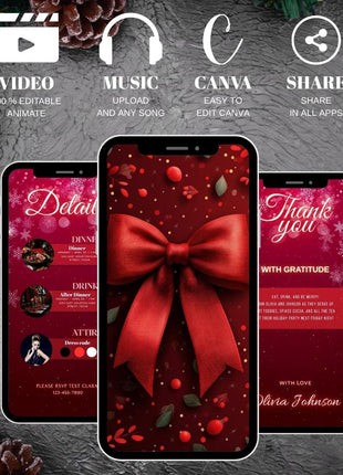 Editable Animated Christmas Party Invitation Canva Template MP4 Instant Download