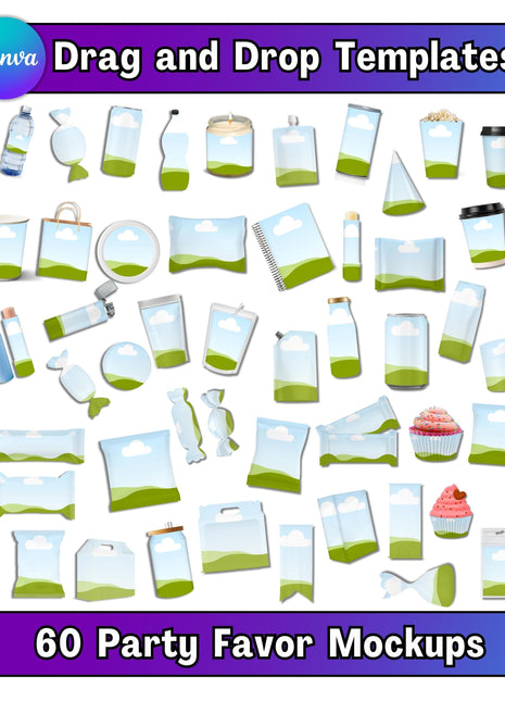 60 Canva Party Favor Mockup Bundle - Editable Templates Pack