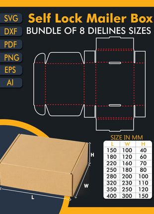 Bundle of 8 Self-Lock Mailer Box Dieline Templates for Packaging