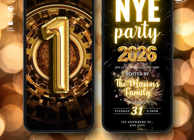 Animated Black Gold New Year's Eve Invitation 2026 - Editable Evite
