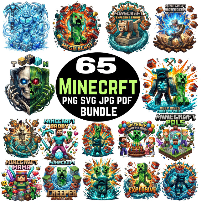 Minecraft 65 block game character bundle PNG SVG digital download pixel creeper designs collection