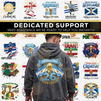 Person wearing a hoodie with World Cup 2026 graphics and text about dedicated support.
