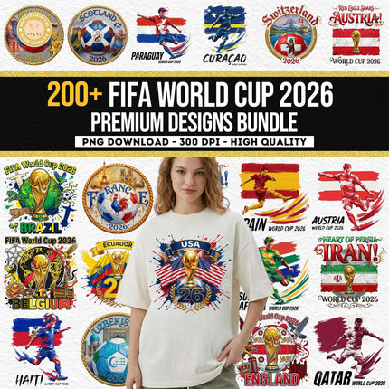 Promotional graphic for FIFA World Cup 2026 premium designs bundle with various country flags and logos.