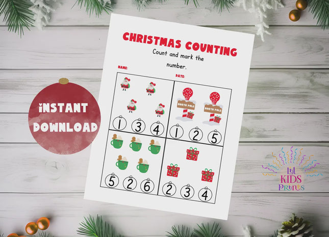Christmas Counting Worksheet | Kids Math Activity | Learn Numbers & Digits | Preschool Printable | Instant Digital Download