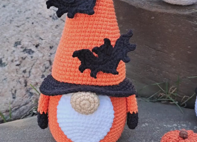 Crochet patterns Halloween gnome bundle with bat and pumpkin, Halloween crochet gnome pattern, Crochet pumpkin pattern, Crochet bat pattern
