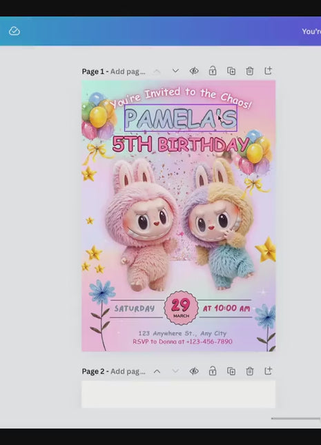 Editable Labubu Birthday Invitation – Canva Template | Instant Download