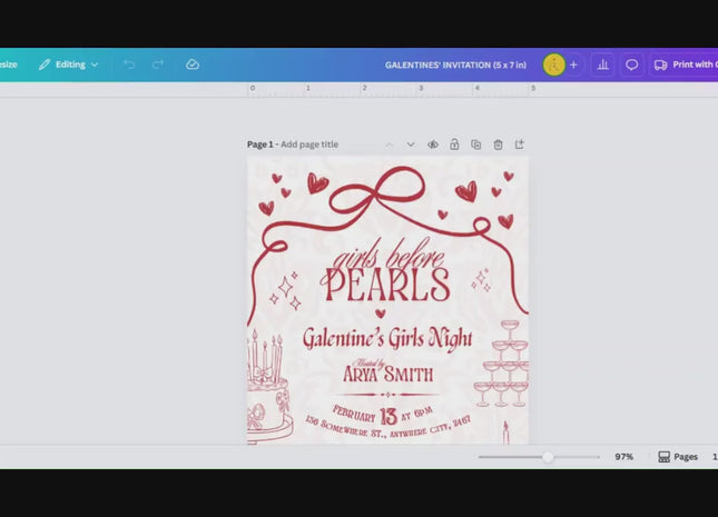 Galentine’s Day Editable Canva Invitation Template 5 x 7 Red White