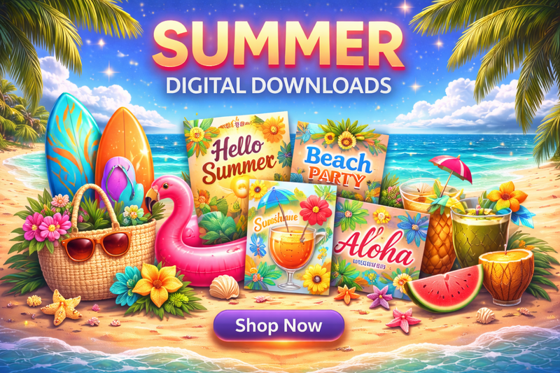 Promotional graphic for summer digital downloads with beach-themed items on a sandy beach background.