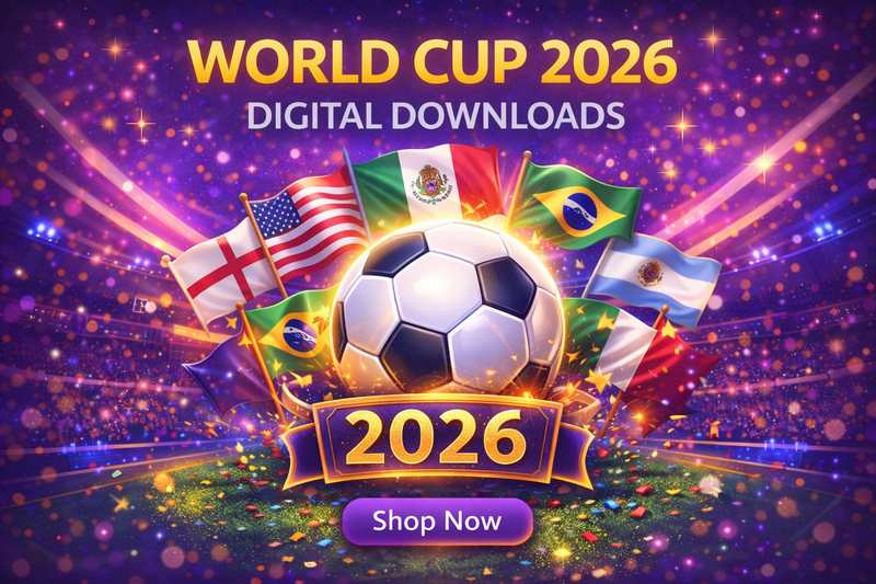 Promotional graphic for World Cup 2026 digital downloads with soccer ball and flags.