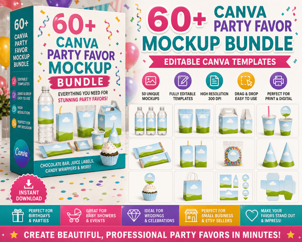 60 Canva Party Favor Mockup Bundle - Editable Templates Pack - Crafty Temps